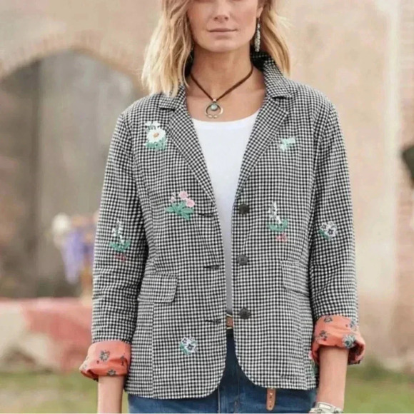 Sundance Women’s Embroidered Navy Gingham Tansy Blazer Size Small - Picture 6 of 16